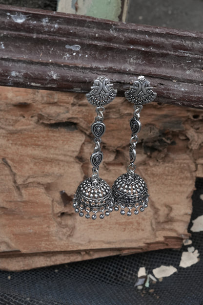 Antique Oxidized Silver Peacock Jhumka
