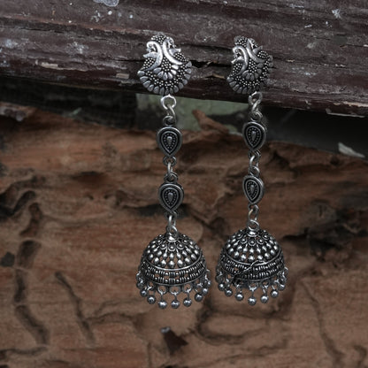 Antique Oxidized Silver Peacock Jhumka