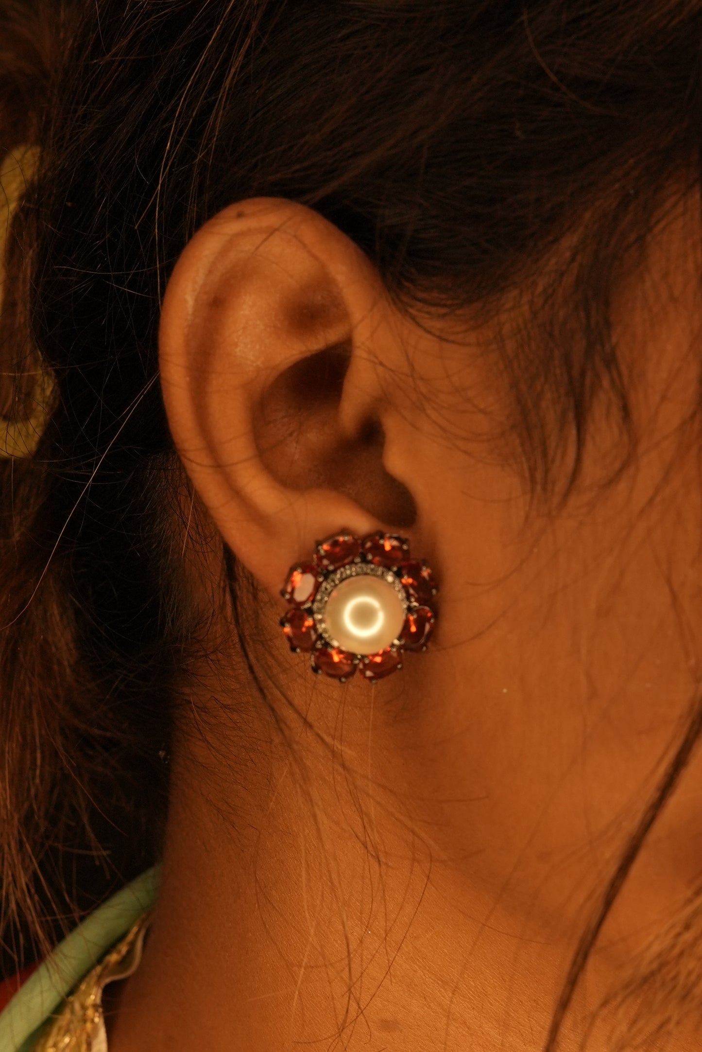 Red Stone and Pearl Stud Earrings