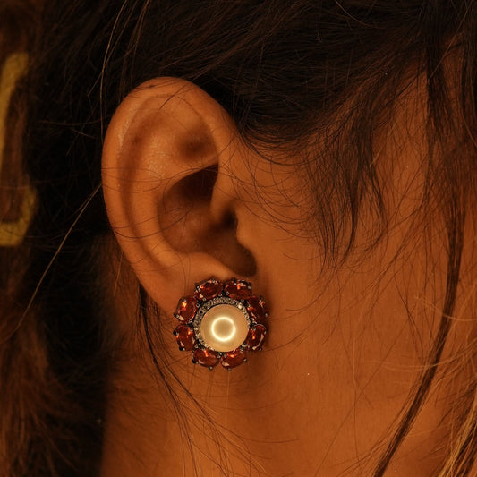 Red Stone and Pearl Stud Earrings
