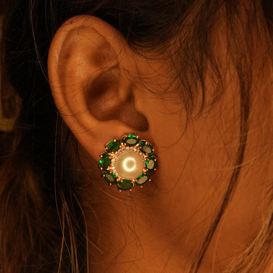 Green Stone and Pearl Stud Earrings